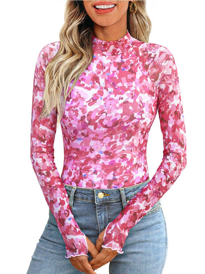 Lovesoft - Wholesale Blouse - Women's - Half High Neck Long Sleeve Tee Sexy Y2K Mesh Printed Top0