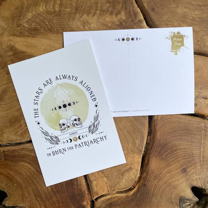 Burn the Patriarchy POSTCARD - TAURUS POSTCARD - GEMINI for wholesale by Heather Gerni Art & Design