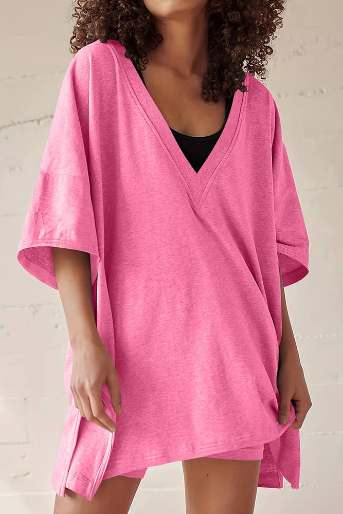 UNISHE - Wholesale Lounge Set - Women's - Summer V Neck Plain Two Pieces Short Set ASJP0906