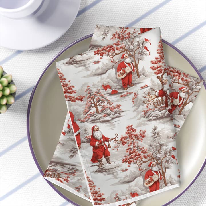 Tovaglioli natalizi vintage Santa Red Toile in 4 pezzi per la vendita all'ingrosso da parte di Prestige Plume