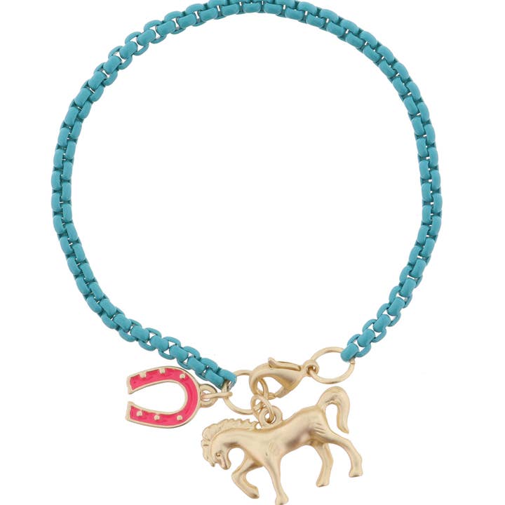 Kids Teal Box Chain with Hot Pink Horseshoe & Horse Bracelet for wholesale by Jane Marie