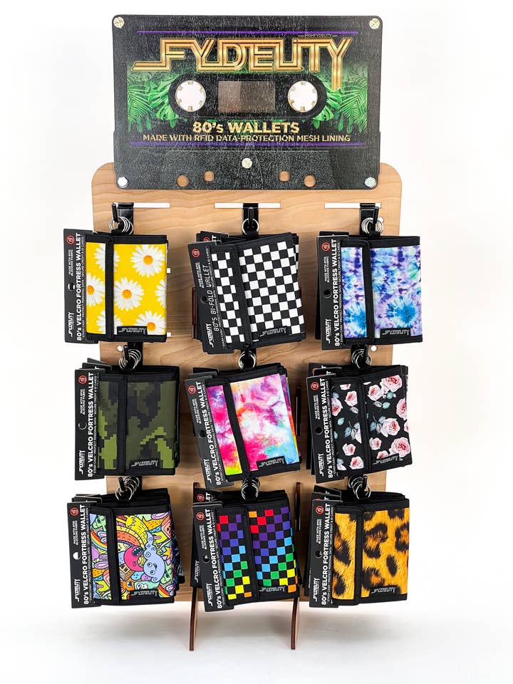 Cute 80s Wallet Display Stand | Retail POP for wholesale by Fydelity