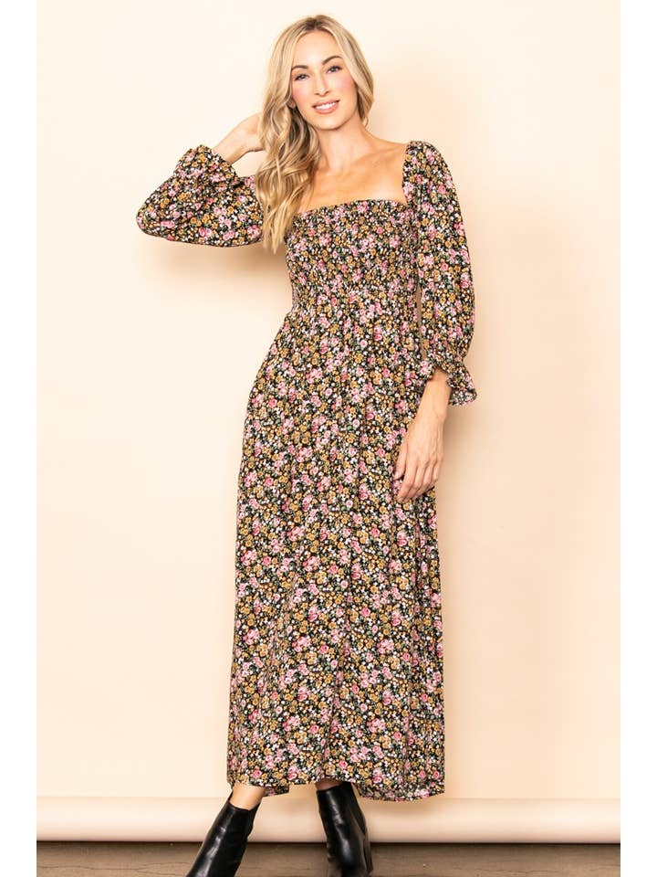 Elloh Collection - Wholesale Dress - Women's - On Off Shoulder Smocked Chest Floral Long Sleeve Maxi Dress10