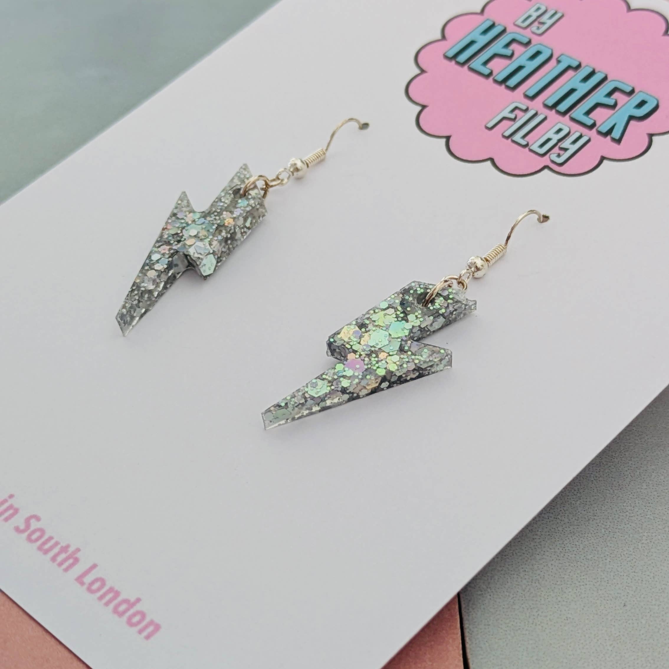 By Heather Filby – wholesale Dangle earrings – Small Silver Glitter Lightning Bolt Earrings3