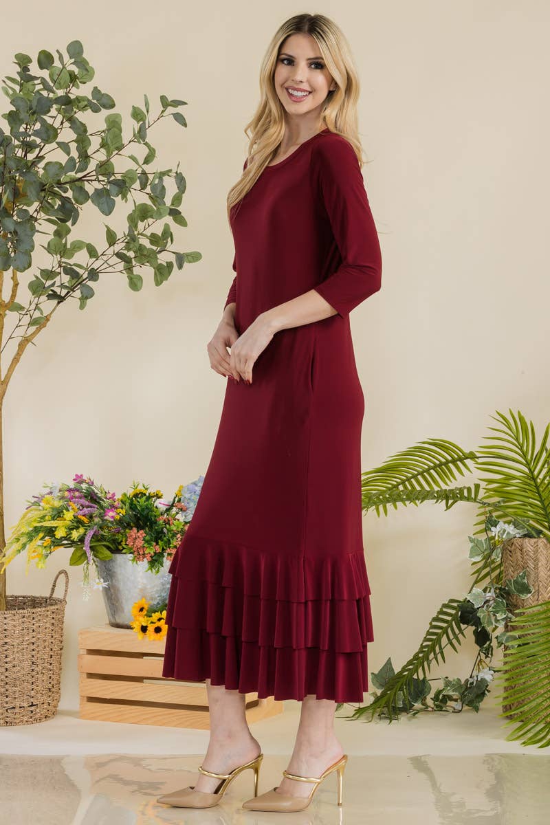 Celeste Clothing – Großhandel Kleid – Damen – Großgrößen-Midikleid mit gestuften Rüschen und 3/4-Ärmeln13