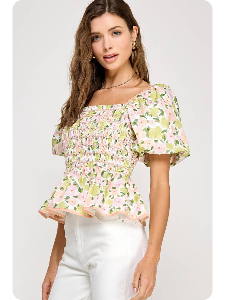 Strut & Bolt - Wholesale Blouse - Women's - Floral Print Contrast Smocking Top