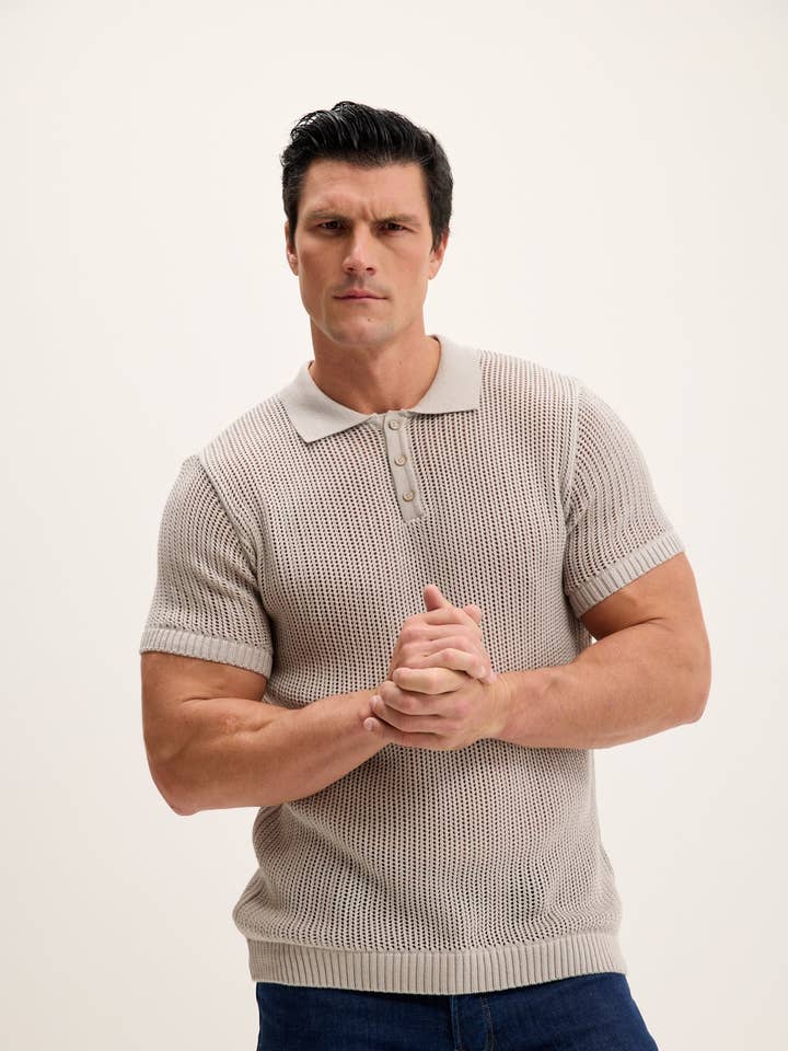 Openwork Knit Polo T-shirts til mænd Grå for engroshandel hos Ron Tomson