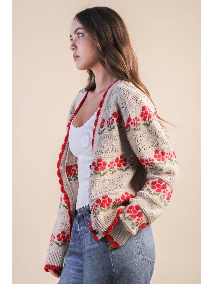 VERY J - Wholesale Cardigan - Women's - 12W3524N-Floral Graphic Detail Knit Sweater Cardigan14