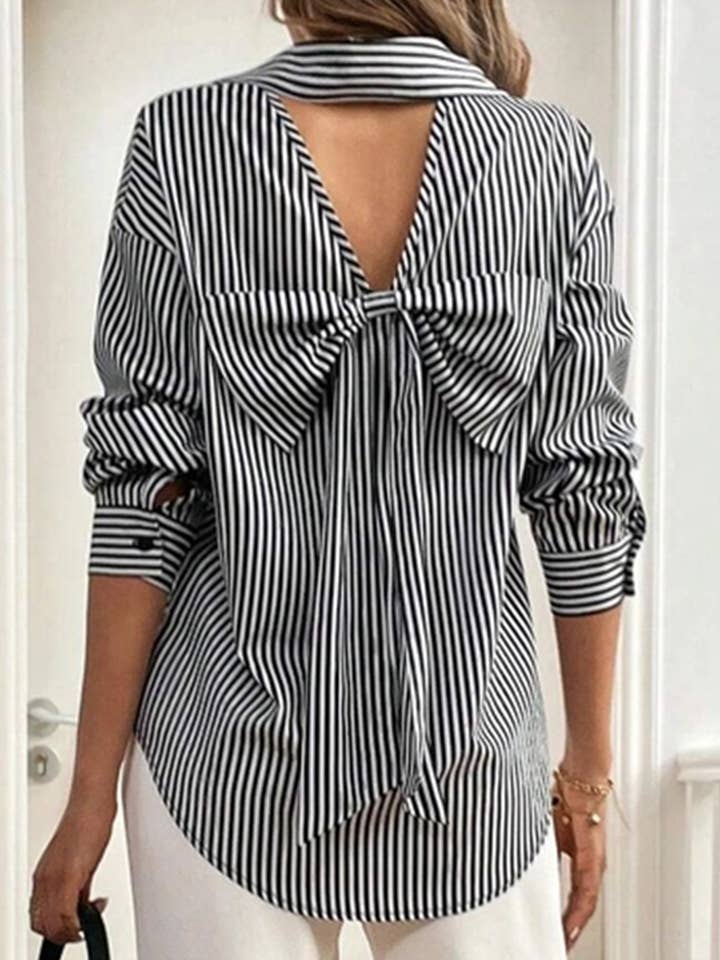 STRIPE A striped printed long-sleeved shirt with a bow for wholesale on Faire2
