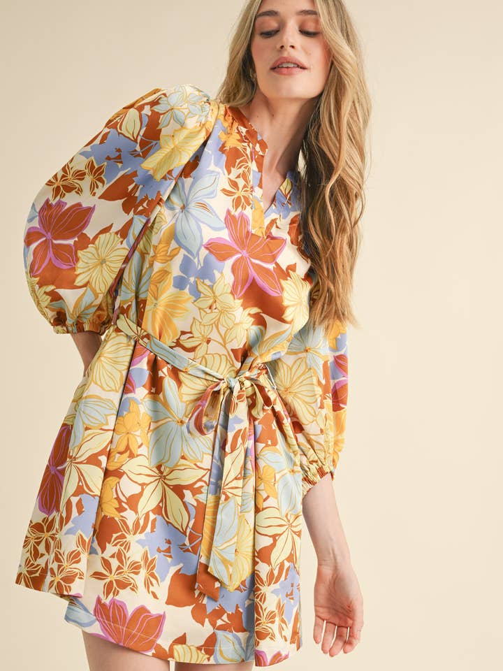 &MERCI - Wholesale Dress - Women's - EXCLUSIVE PRINT PUFF SLEEVE TYING WAIST MINI DRESS MDR335315