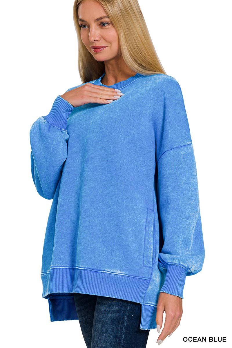 42POPS – Sweatshirt - Mulher por atacado – Pulôver de Fleece com Lavagem Ácida e Bainha Assimétrica com Bolsos SI-2498012