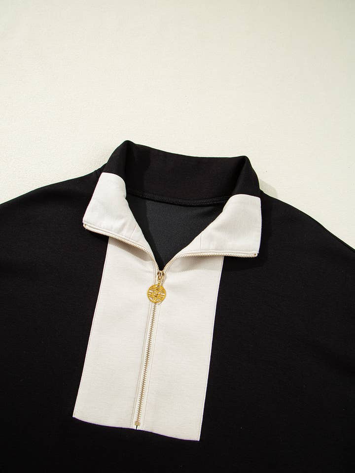 Black Contrast Zipped Stand Collared T Shirt and Short Set for wholesale on Faire5