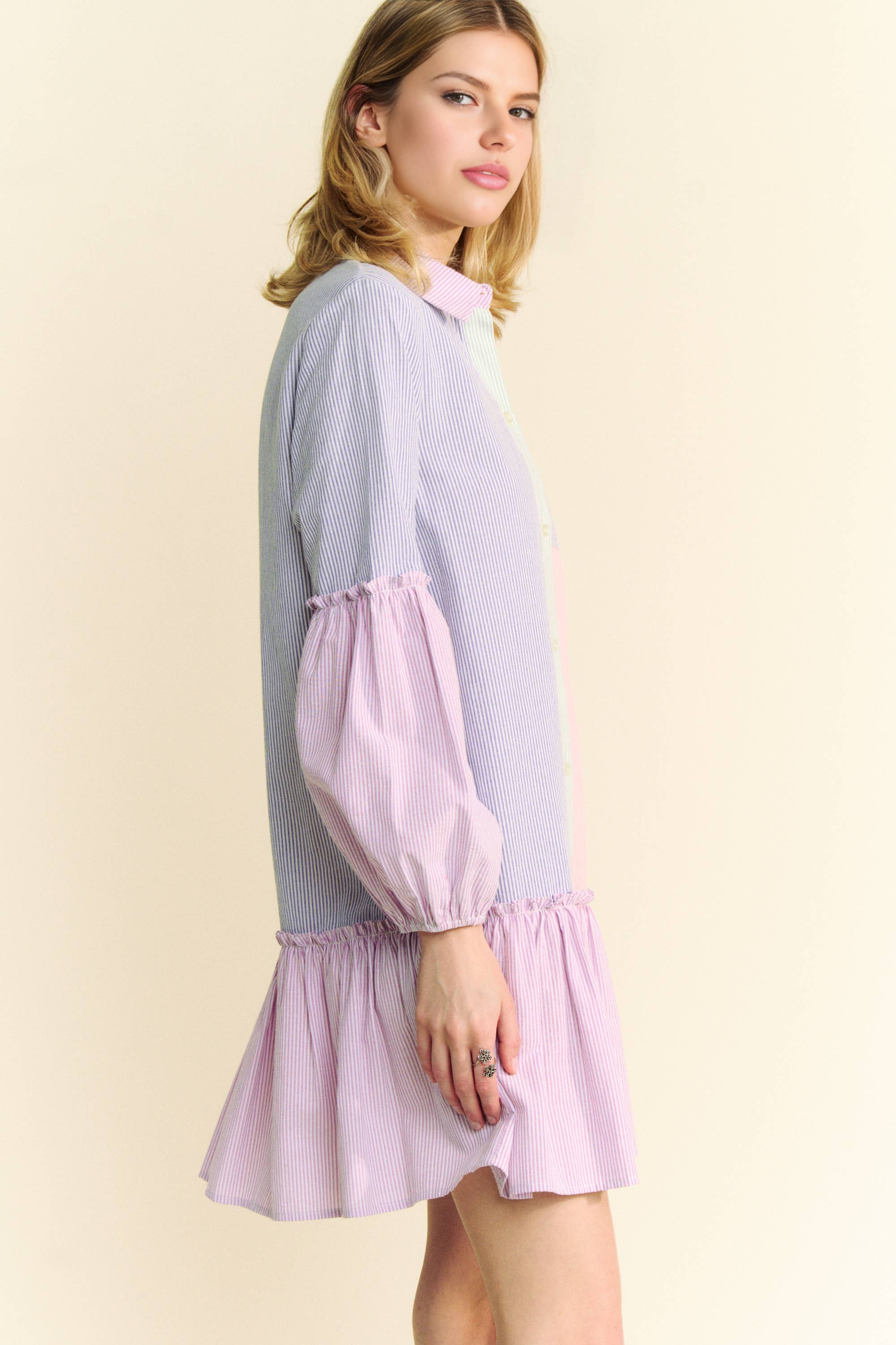 MULTI STRIPE COLOR BLOCK WAIST BALLOON SHIRT DRESS for wholesale on Faire5