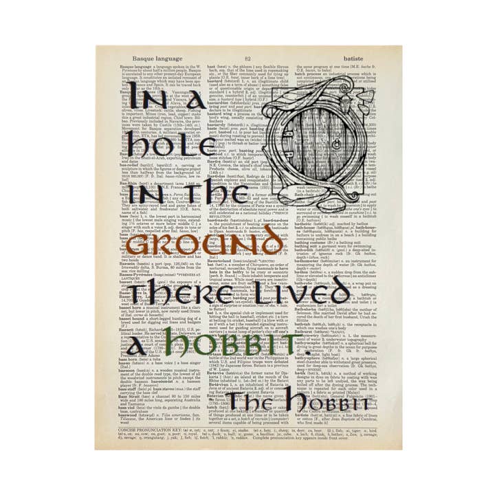 In a hole Hobbit | Dictionary Print | Vintage Book Art for wholesale by Bookish Birds