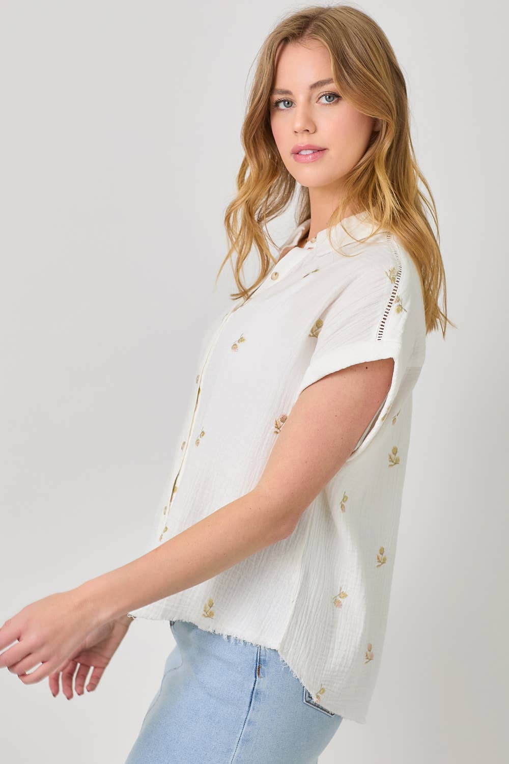 Mystree - Vente Chemise à col boutonné – femme - Haut brodé lavé 6095824