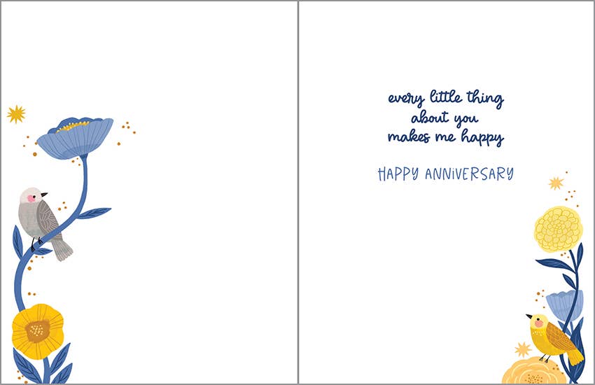 GINA B DESIGNS - Wholesale Anniversary Card - Anniversary Greeting Card - Gold Bird and Blue Flowers1