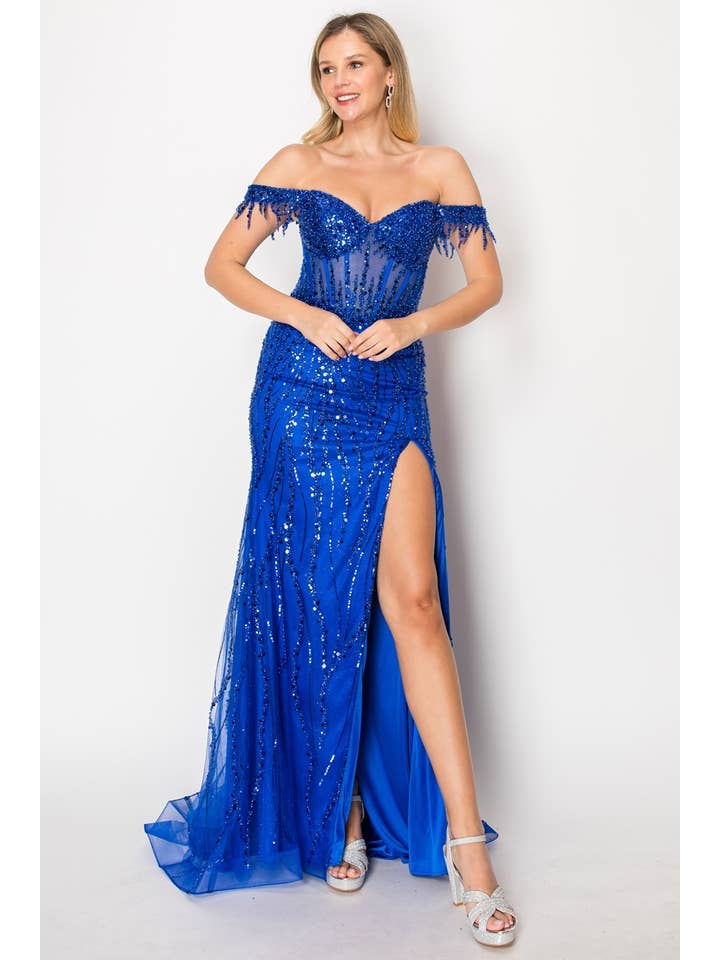 Chicas - Wholesale Gown - Women's - Off the Shoulder Sequin and Bead Long Dress C33153