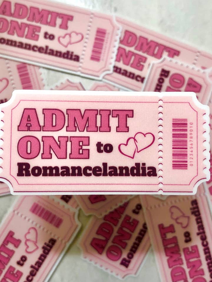 Admit One to Romancelandia Vinyl Sticker for wholesale by Sweet Heat Studios