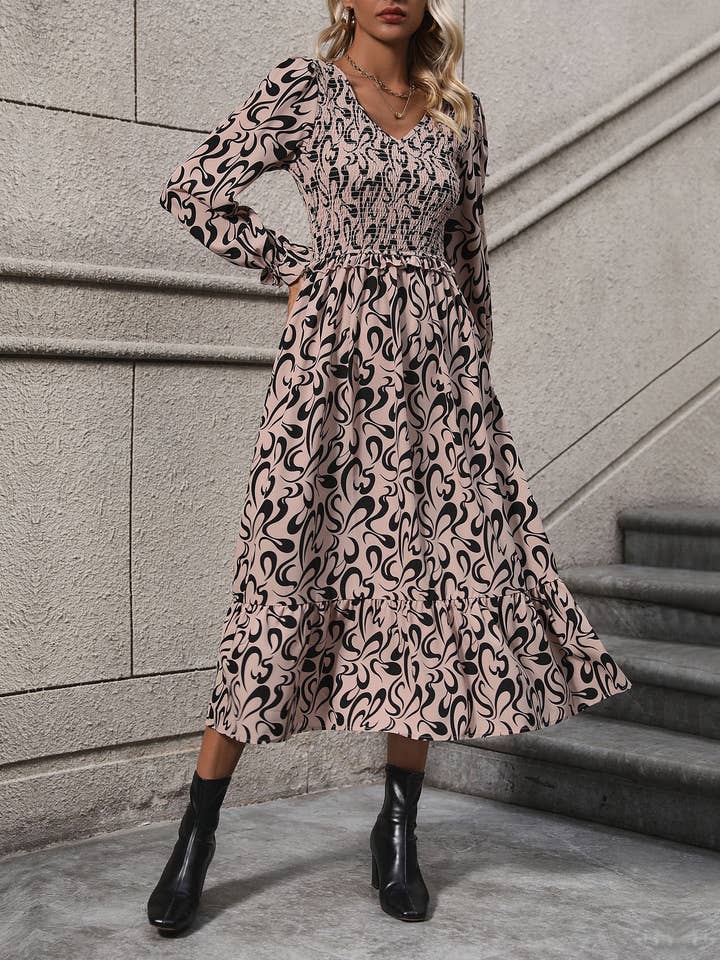 Long Sleeve Smocked Waist Midi Dress with Abstract Print for wholesale by Anna Kaci Wholesale