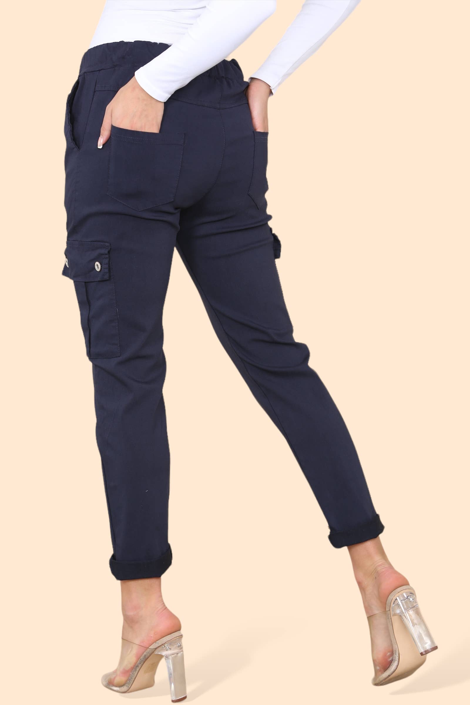 Kurt Muller – wholesale Pants – Women's – Plain Cargo Stud Pocket Bi-Stretch Magic Trousers21