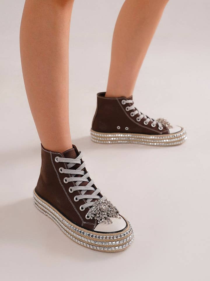 CCOCCI - Wholesale Lifestyle trainers – Women′s - ASH-01 BEDAZZELED DECOR ROCKSTUD PLATFORM HIGH TOP SNEAKERS37