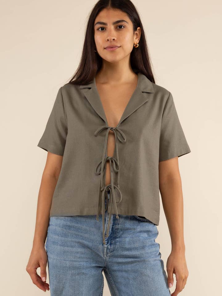 Nico Linen Short Sleeve Tie Blouse for wholesale by NLT