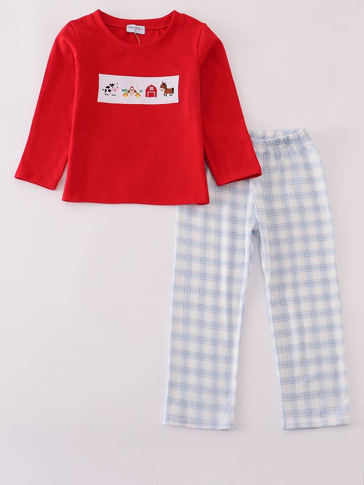 Set di pantaloni a quadri con ricamo fattoria rossa per la vendita all'ingrosso da parte di Mom & Co.