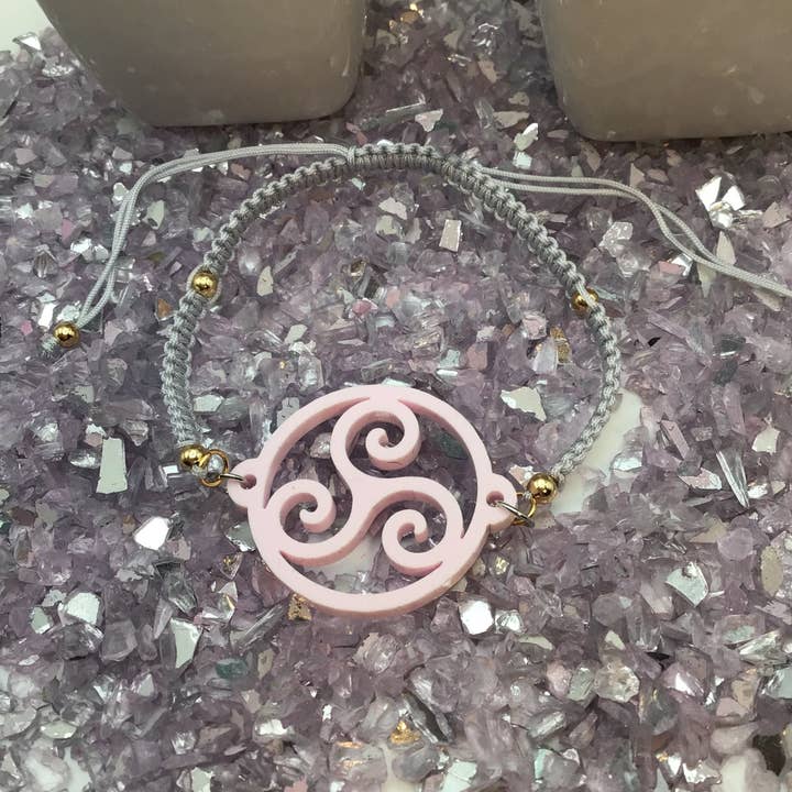 Bound Kitten - Wholesale Charm/Dangle Bracelet - BDSM Triskelion Tulip Pink Acrylic on Adjustable Gray Bracelet