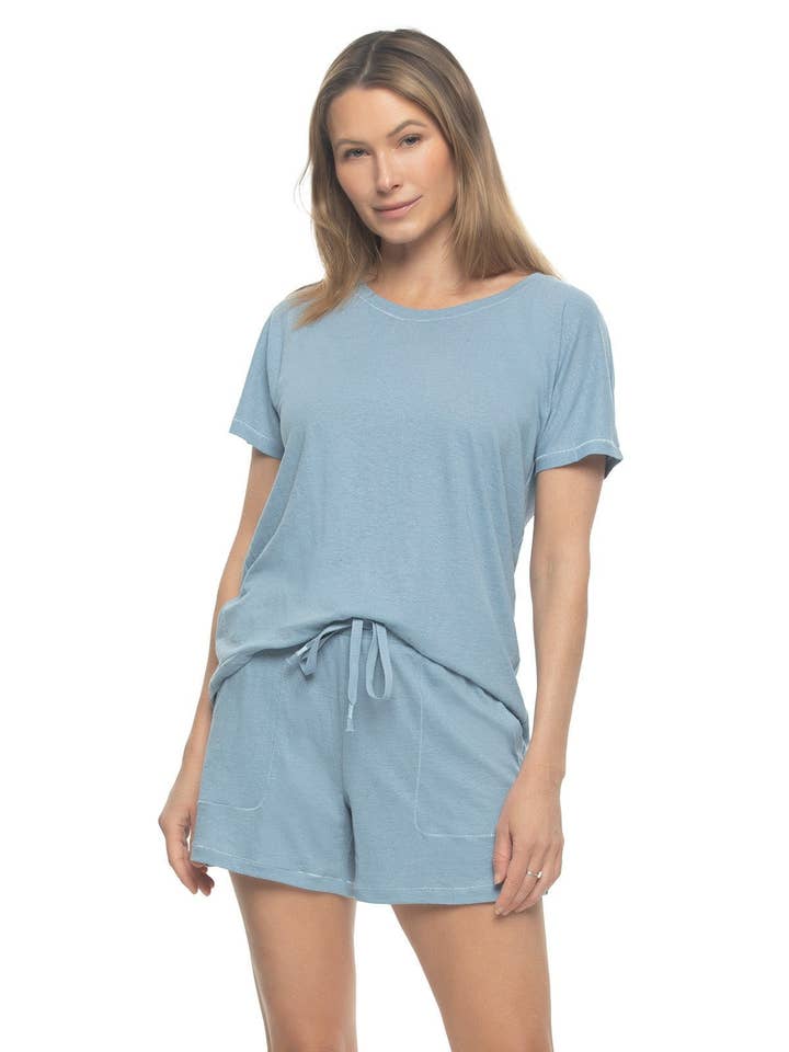 Lauren Linen Blend Short Pajama Set - Dusty Blue for wholesale on Faire