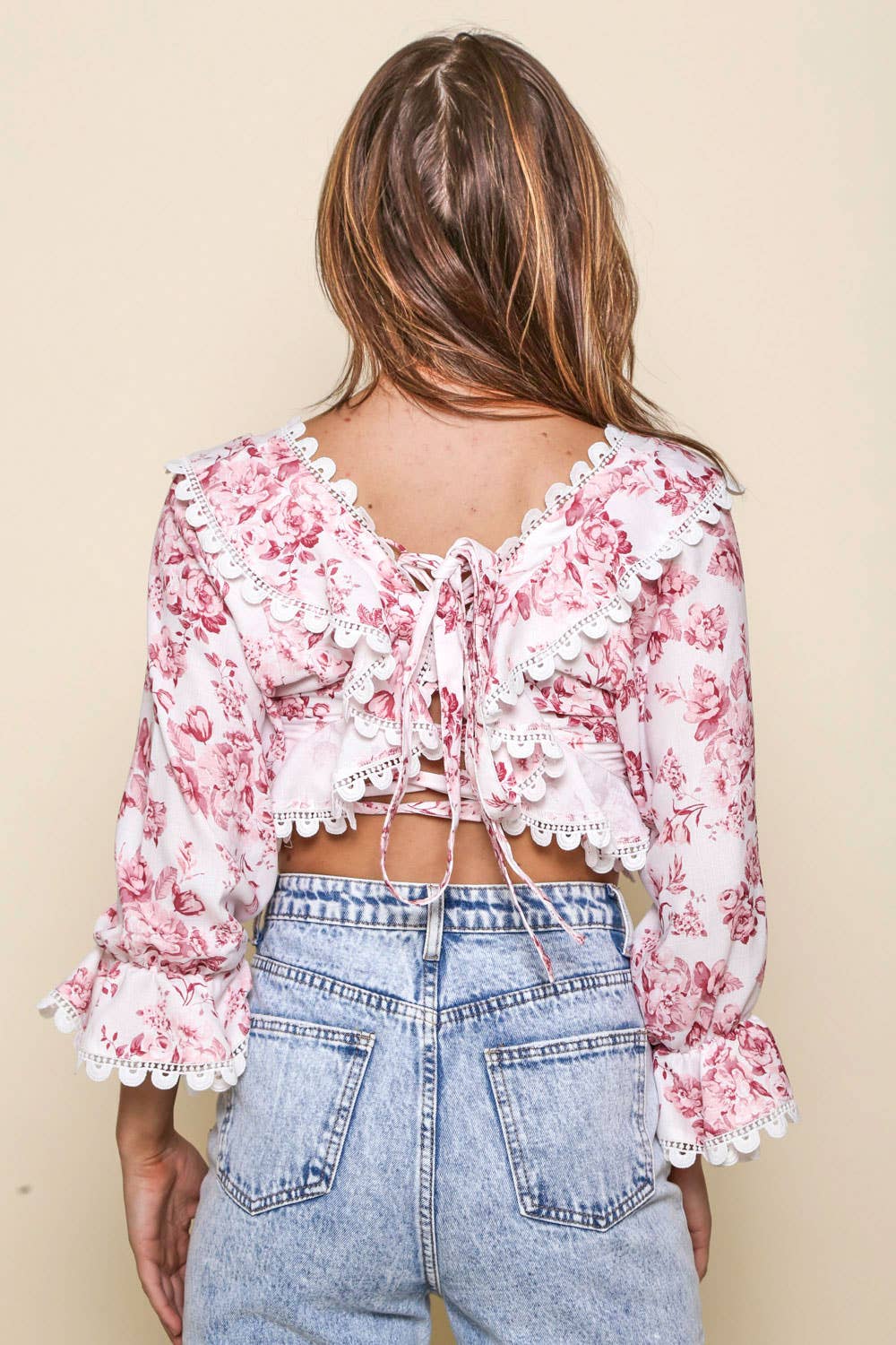 Ivory Red Floral Ruffle S/S Open Back Top with Trim - LT10048-02 for wholesale on Faire5