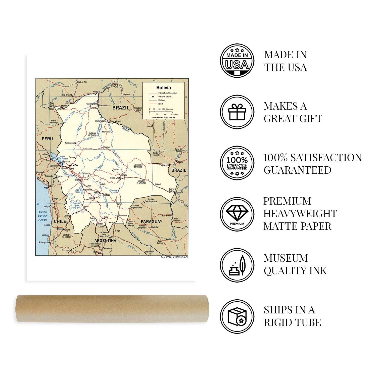 Historic Prints - Wholesale Map - 2006 Bolivia Map - Map of  Bolivia in South America - Map of Bolivia Showing Sucre Santa Cruz and La Paz Bolivia Wall Art Poster3