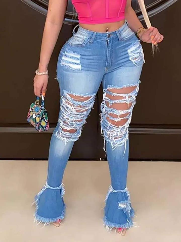 Flarix - Wholesale Jeans - Women's - ripped bell bottom fringe hem denim pants1