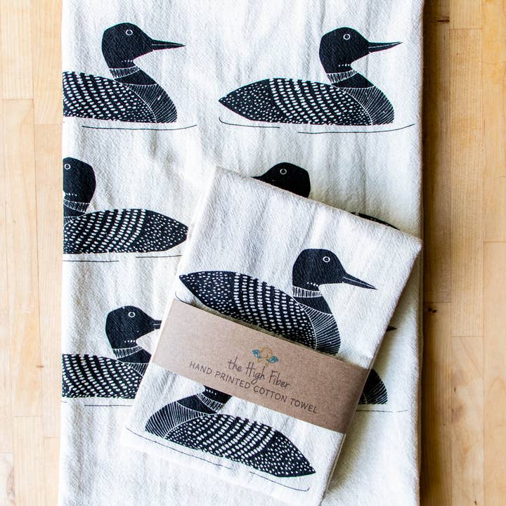 The High Fiber - Wholesale Tea Towel - *NEW* Loon Towel, Handprinted Cotton Kitchen Towel, Loon