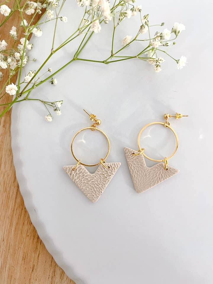 Clay Earring Embossed Speckled Linen “V” on Gold Hoop Dangle for wholesale by Kush Life Designs