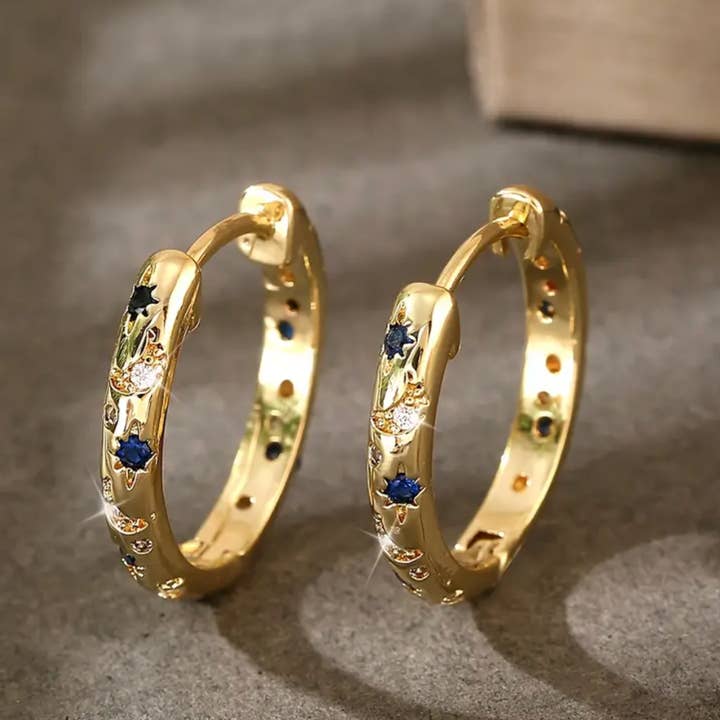 14K Gold Blue CZ Celestial Stars Huggie Hoops Earring for wholesale by Everly Yours