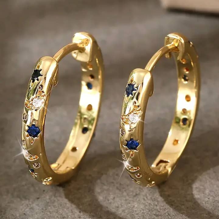 14K Gold Blue CZ Celestial Stars Huggie Hoops Earring for wholesale by Everly Yours