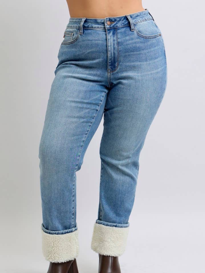 High Waisted Shearling Cuff Straight- PLUS  for wholesale by Judy Blue Jeans