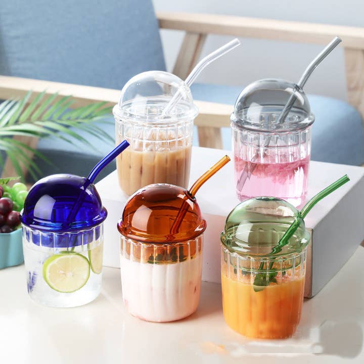 Our Dining Table - Wholesale Drinking Glass/Cup - Domed Colorful Glass Coffee Cup with Lid and straw