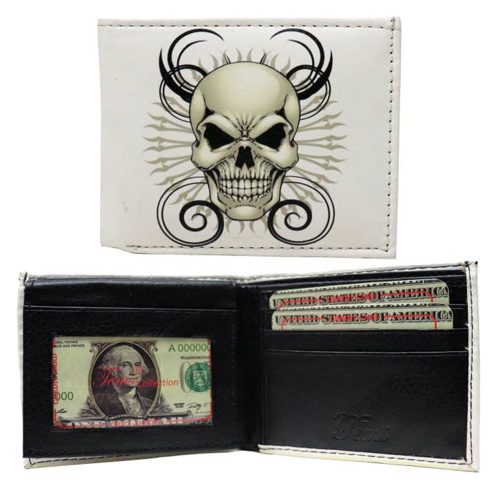 Buy Buy Luv LLC – wholesale Wallet - Men’s – White Skulls Head White Leather Bi-Fold Wallet