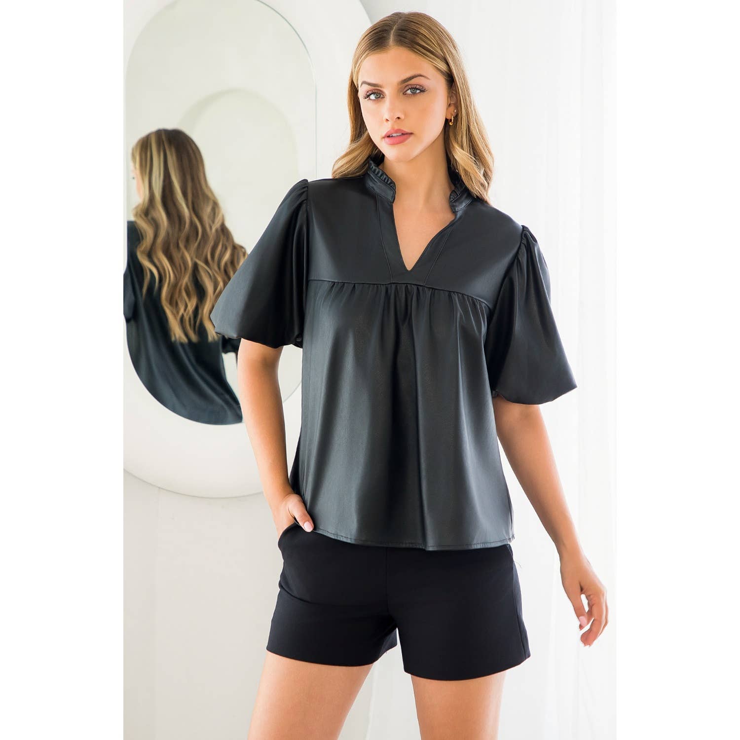 BLACK Leather Puff Sleeve Top for wholesale on Faire3