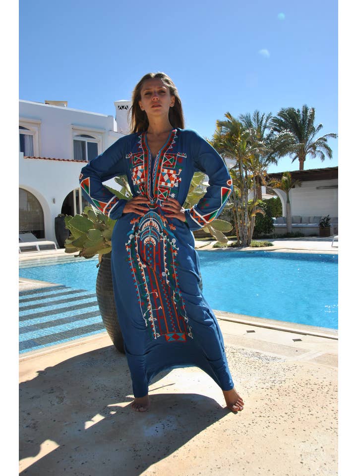 Gipci - Wholesale Kaftan - Women's - Siwa Blue Embroidered Cotton Caftan with Pocket