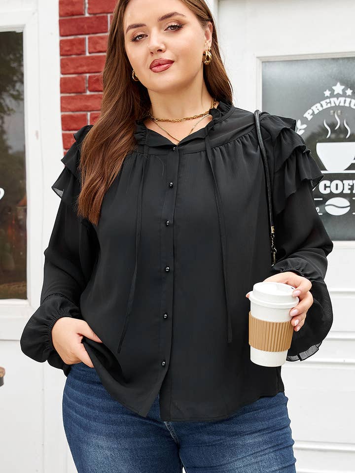 Black Ruffle Balloon Sleeve Chiffon Elegant Plus Size Shirt for wholesale on Faire2