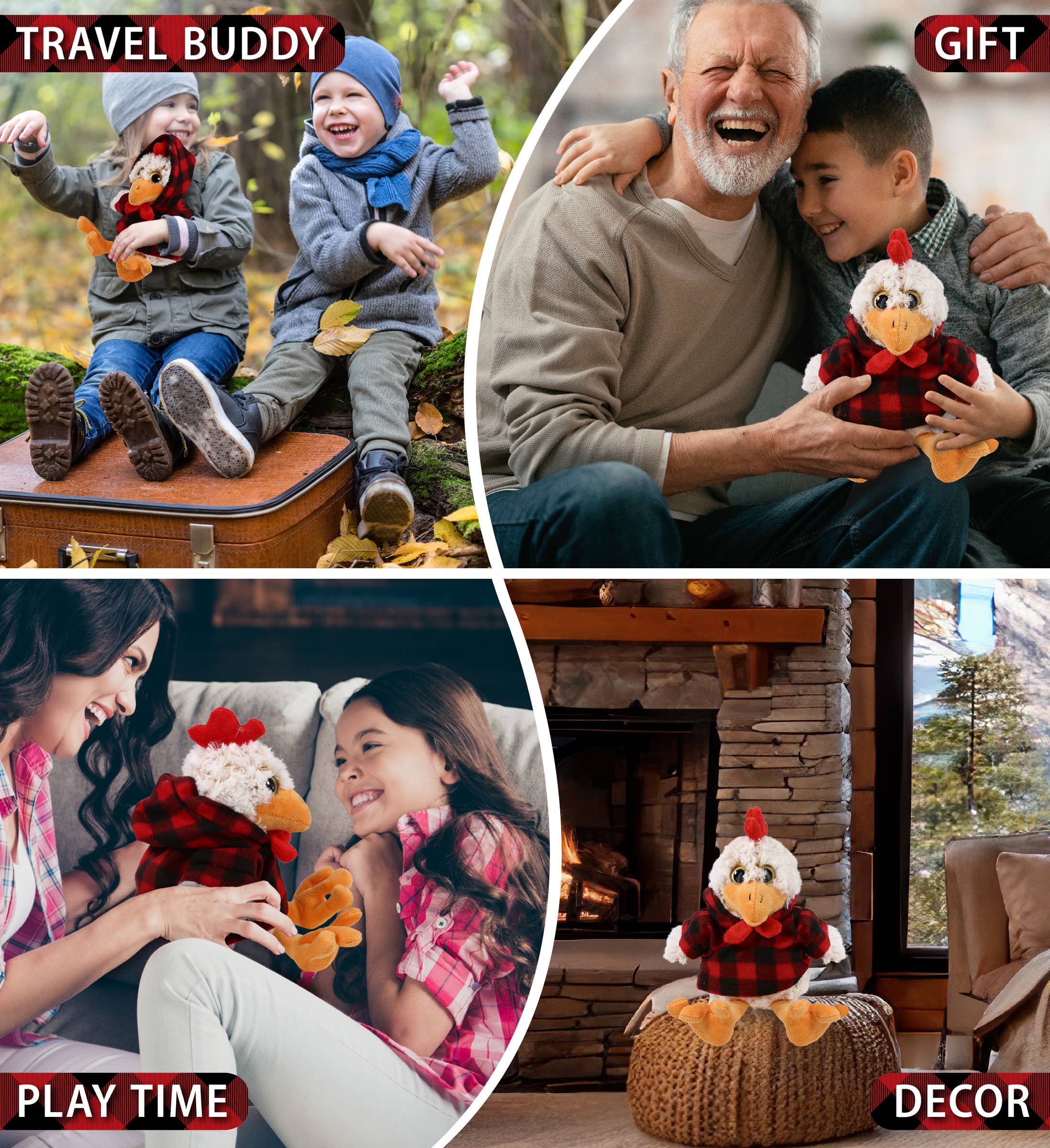 Cota Global - Wholesale Stuffed/Plush Toy - Kids & Baby - Plush Red Plaid Hoodie - Super-Soft Plush - Sitting Rooster3