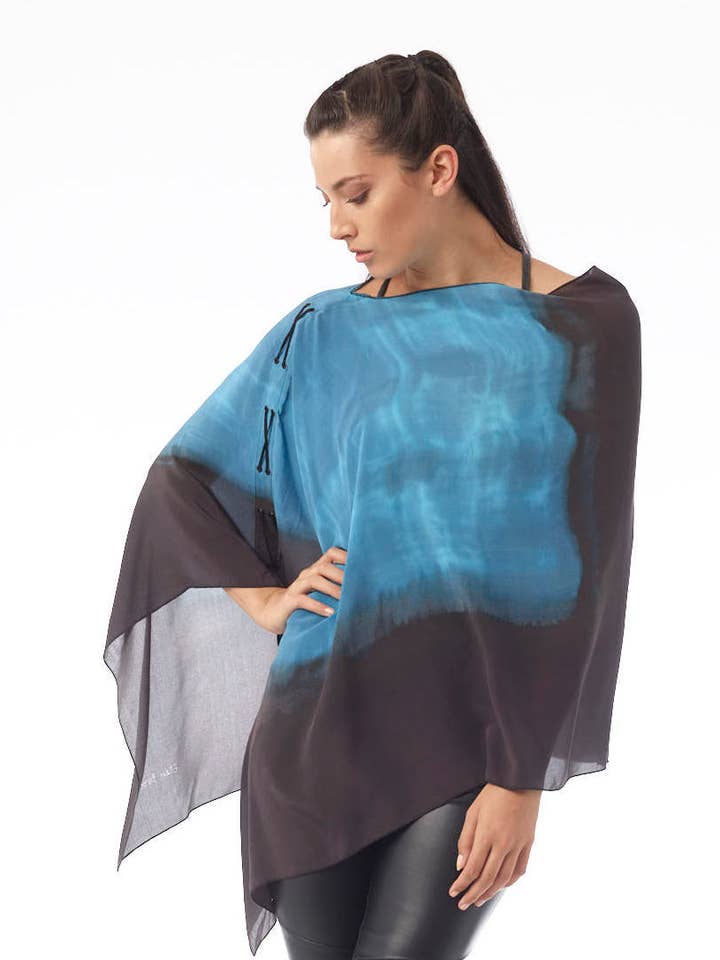 Silk poncho with leather lacing (XL) - Bimini Blue for wholesale by Ellen Brook