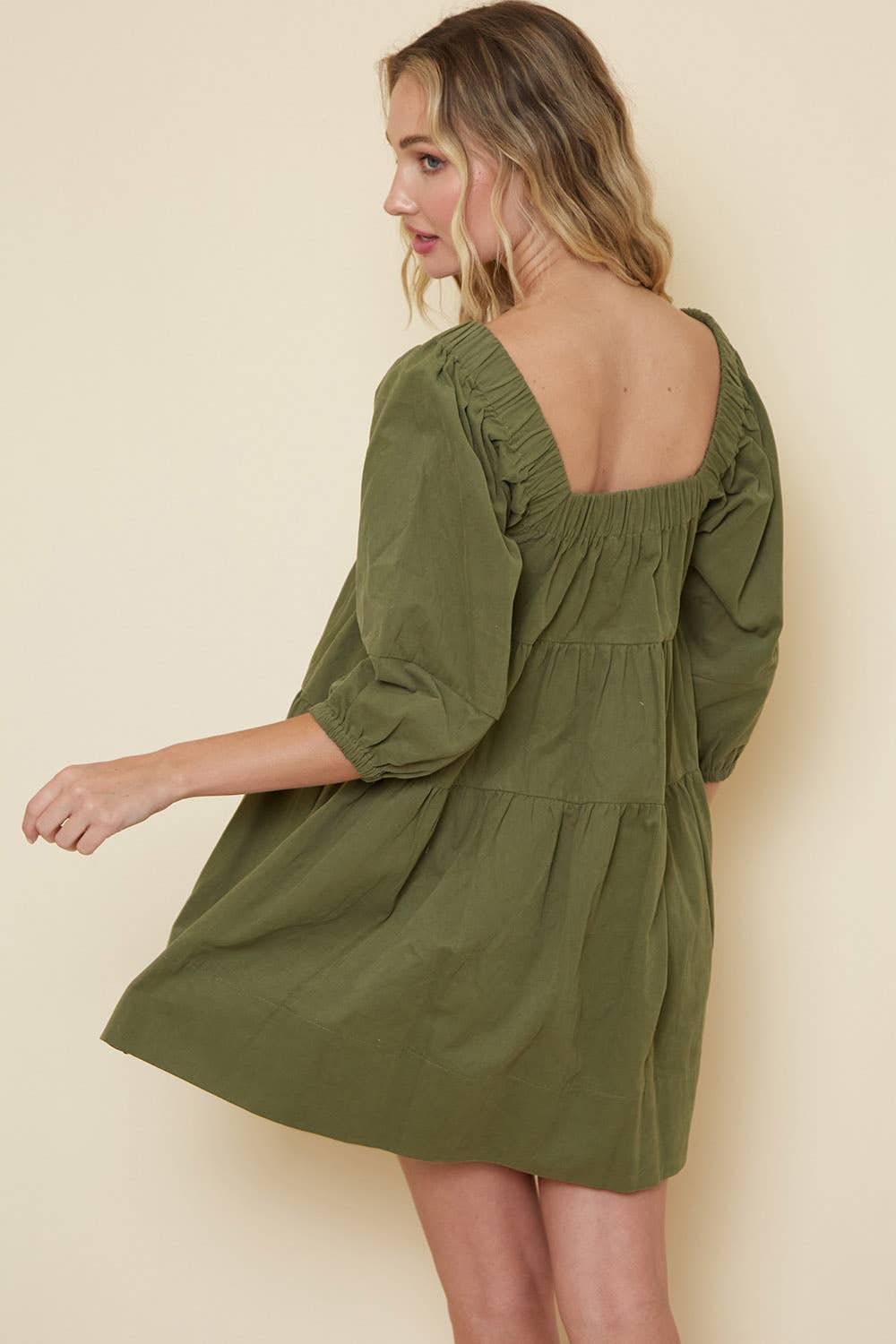 Saints & Hearts - Vente Robe – femme - SID2340A ROBE BABYDOLL OCCIDENTALE À COL CARRÉ OLIVE AVEC POCHES4