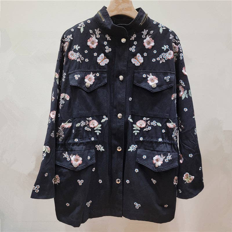 Sanyao Fashion – wholesale Jacket – Women's – M248 Hand-Embroidered Floral Retro Drawstring Work Jacket3