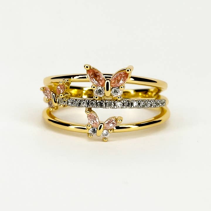 Triple Butterfly Ring – Justerbar Pink Crystal Pavé Bånd for engroshandel hos Loli