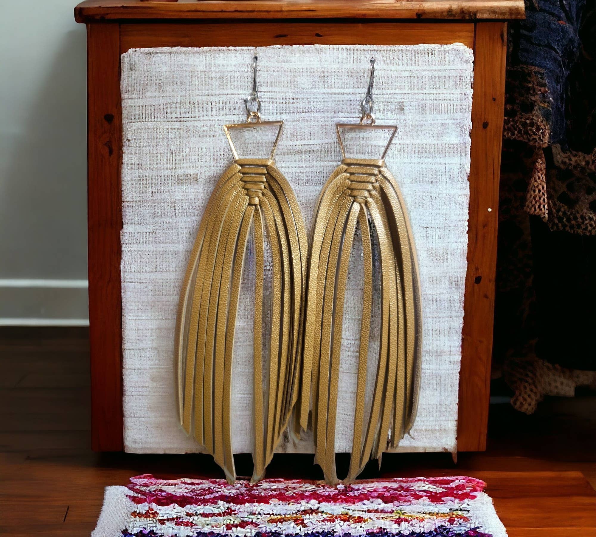 Bushleys Beauties, LLC - Wholesale Tassel Earrings - Pearlized Tan Braided Fringe on Triangle Bezel
