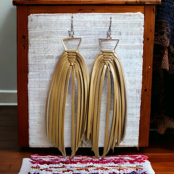 Pearlized Tan Braided Fringe on Triangle Bezel for wholesale by Bushleys Beauties, LLC