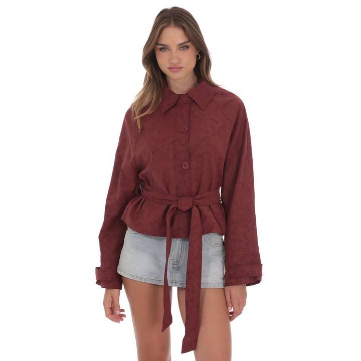 Suede Belted Leather Jacket in Burgundy for wholesale by Lucy In The Sky